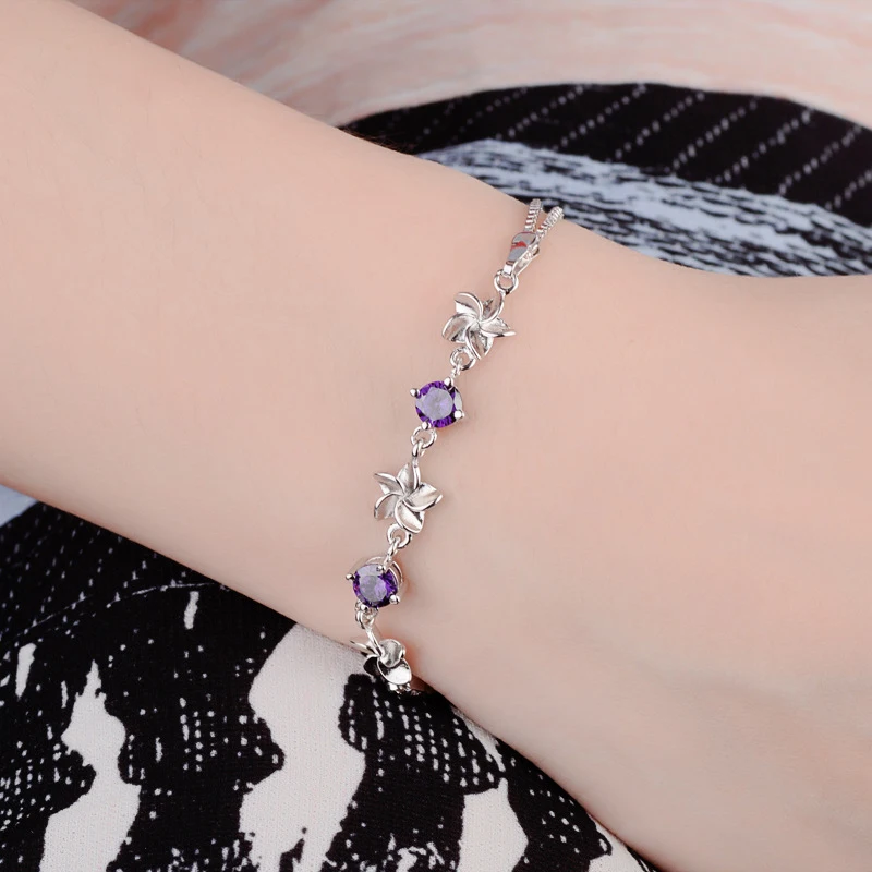 Newest Fashion 925 Sterling Silver Windmill Jasmine Flower Charm Bracelets Purple Cubic Zirconia Elegant Bracelet Women Jewelry | Украшения
