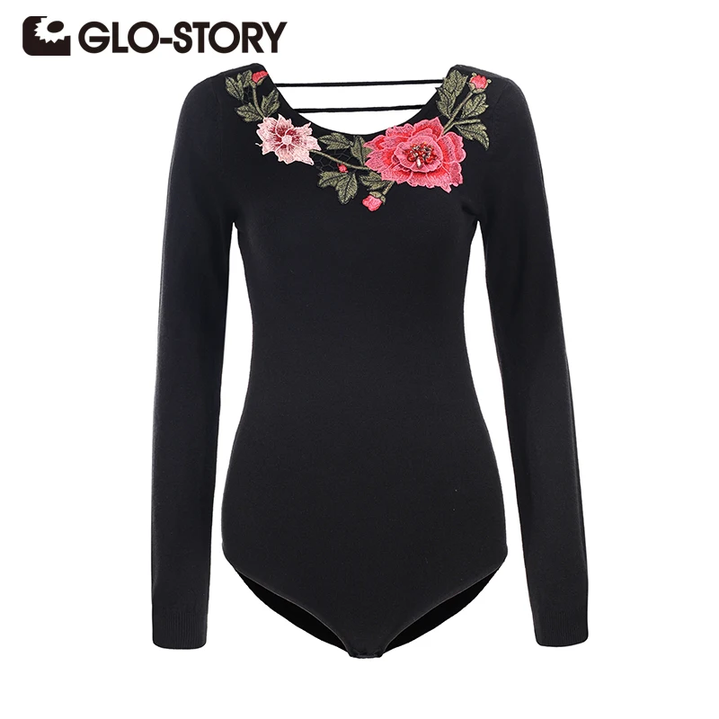 Женский свитер с цветочной вышивкой боди длинным рукавом Женская Повседневная