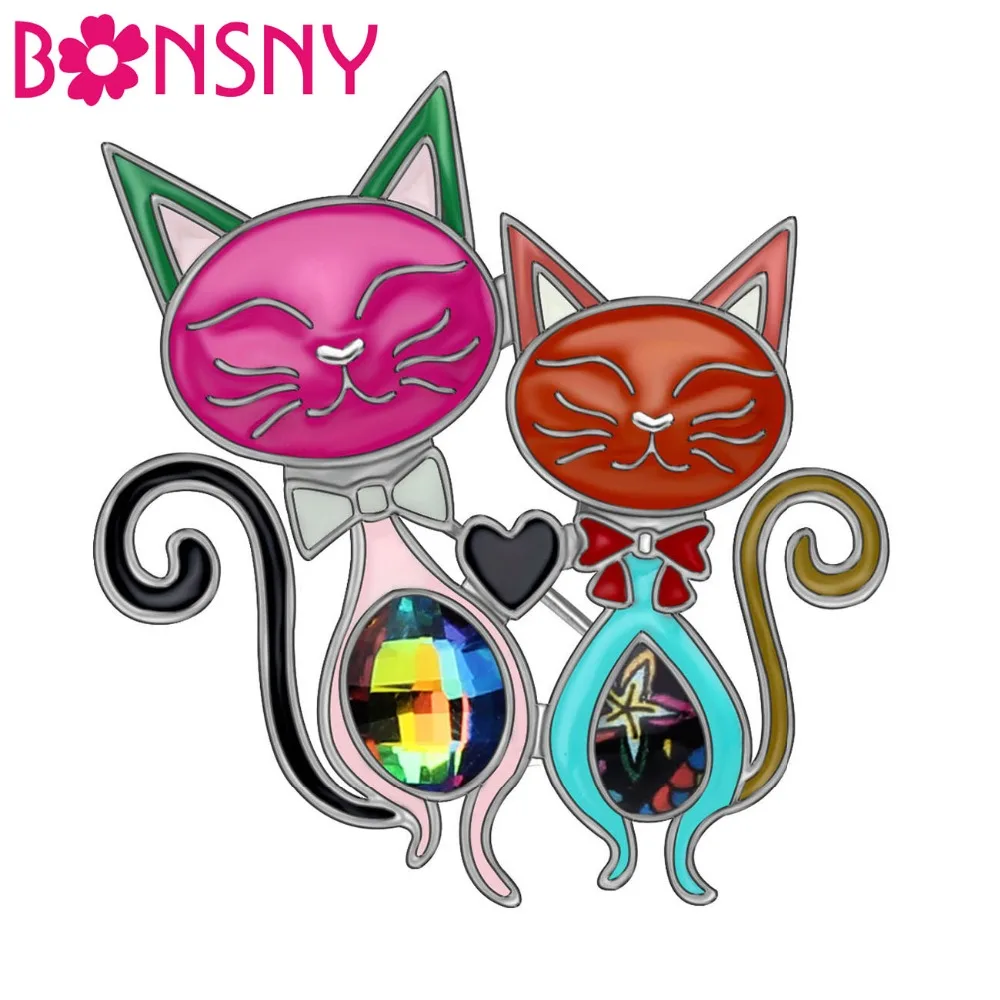 Bonsny Statement Alloy Enamel Cute Double Cat Brooches Clothes Scarf Pin Fashion Animal Pet Jewelry For Women Girls Gift Bijoux | Украшения
