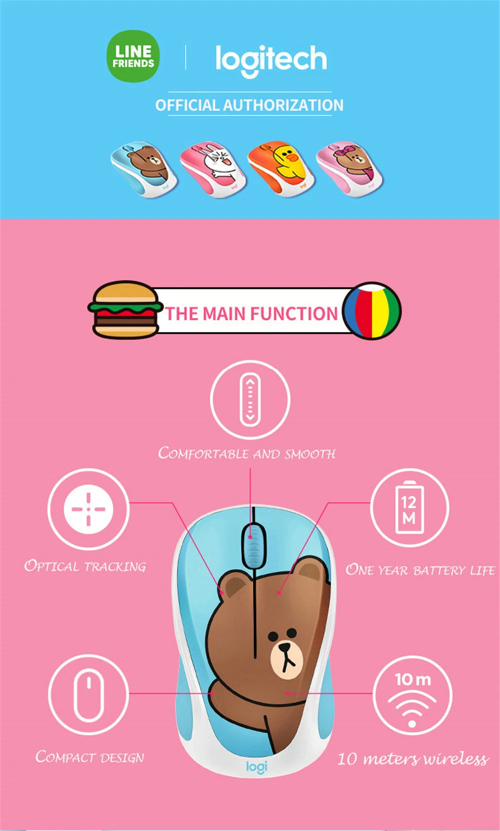Оригинальная беспроводная мышка оптическая мышка lotech LINE FRIENDS, очень милая оптическая сенсорная мини-мышь для офиса и дома