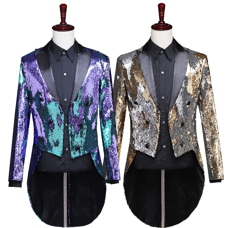 Men Suit Jacket 2019 New High Tuxedo Blazer Fashion Stage Costumes For Singers Performance Mens Dress Suits Jackets Gold Sequin