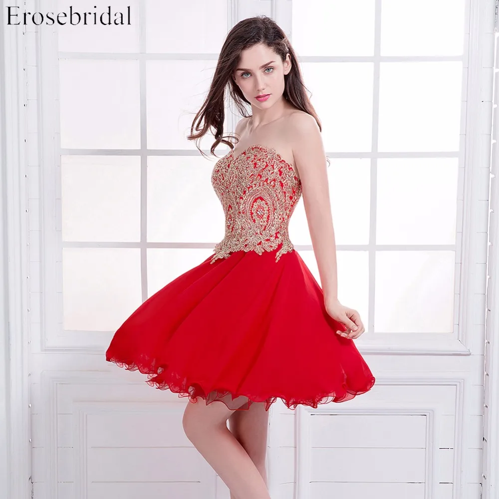 Платье для выпускного бала красное шифоновое с золотой аппликацией|prom dresses|short prom