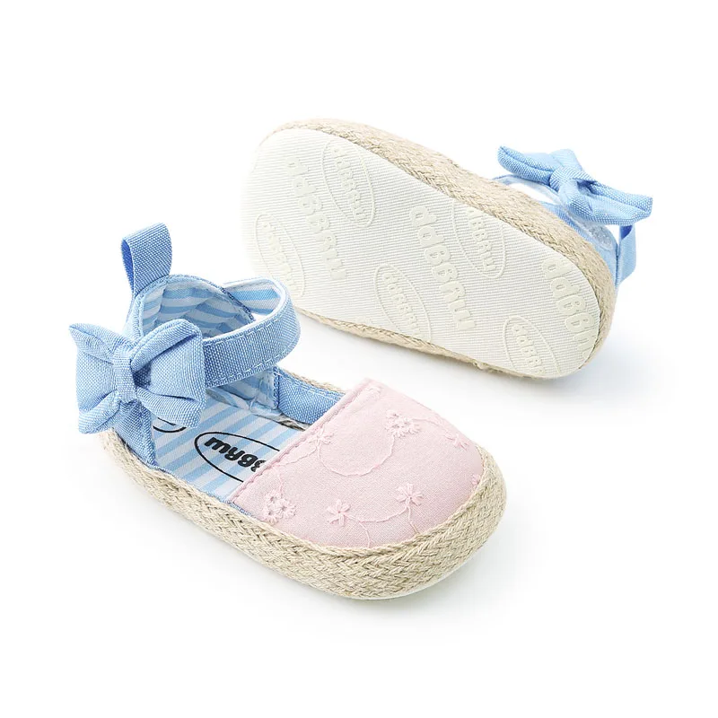 Zapatos suaves de verano para ni&ntilde;a, zapatillas de algod&oacute;n con lazo azul, a la moda, con suela blanda para caminar-5