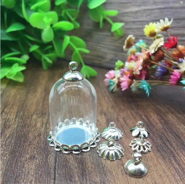 

50sets/lot 25*18mm Transparent glass globe silver plated filigree DOUBLE LACE base tray cap charm vial pendant bottle dome