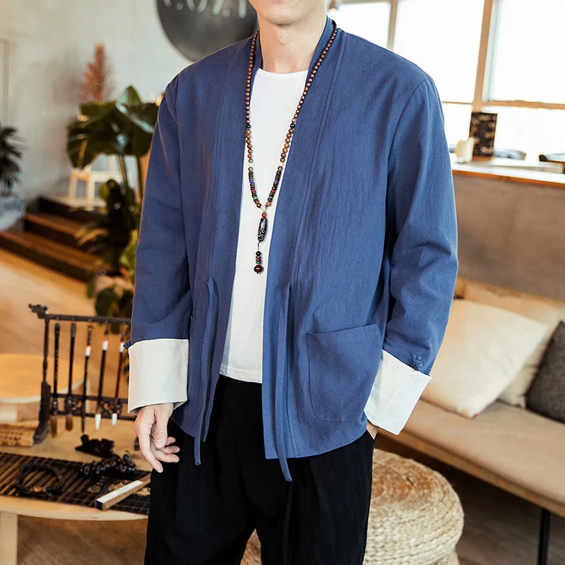 Chinese Style New Coat Large Size Men Kimono Patch Pocket Jacket Coarse Cloth Hanfu Linen Thin Male Plus M-5XL | Мужская одежда