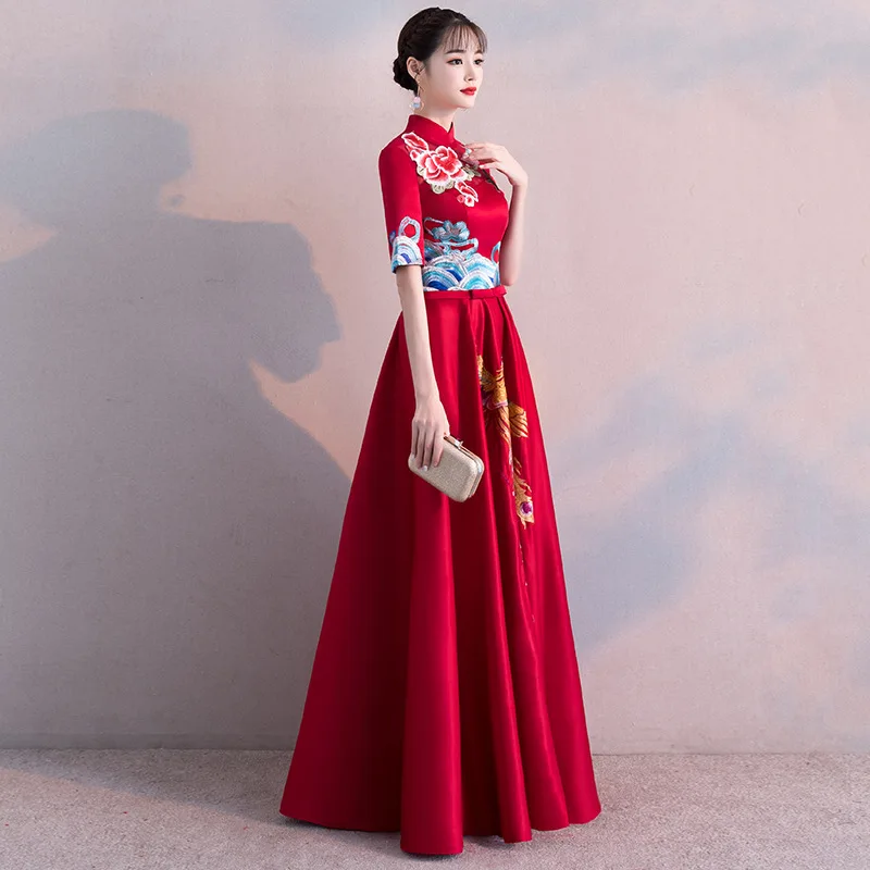 Женское длинное платье Ципао красное с вышивкой для свадьбы в китайском стиле S-XXL