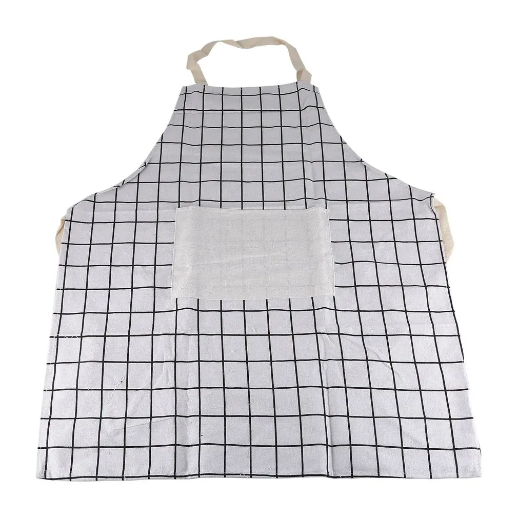White plaid Модный напечатанный бытовой кухонный фартук с карманом из мягкого хлопка и льна, унисекс, фартуки для приготовления пищи, столовой, ресторана, Halterneck - Цвет: White plaid