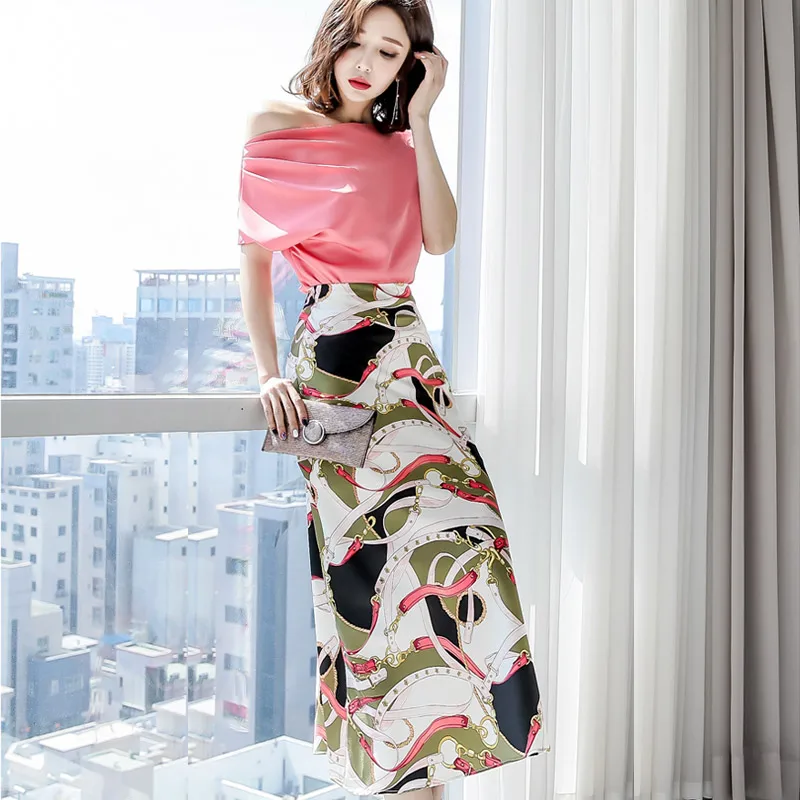 Летний женский комплект 2 шт. пикантные Slash шеи розовая блузка Топы и элегантность