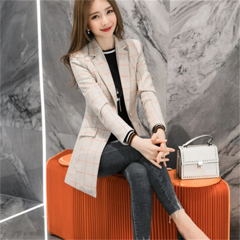

Korean Plaid Suit Jacket Office Lady Blazer Jacket Vintage High Quality Fashion Work Suit Elegant Outerwear Feminino Casual Coat