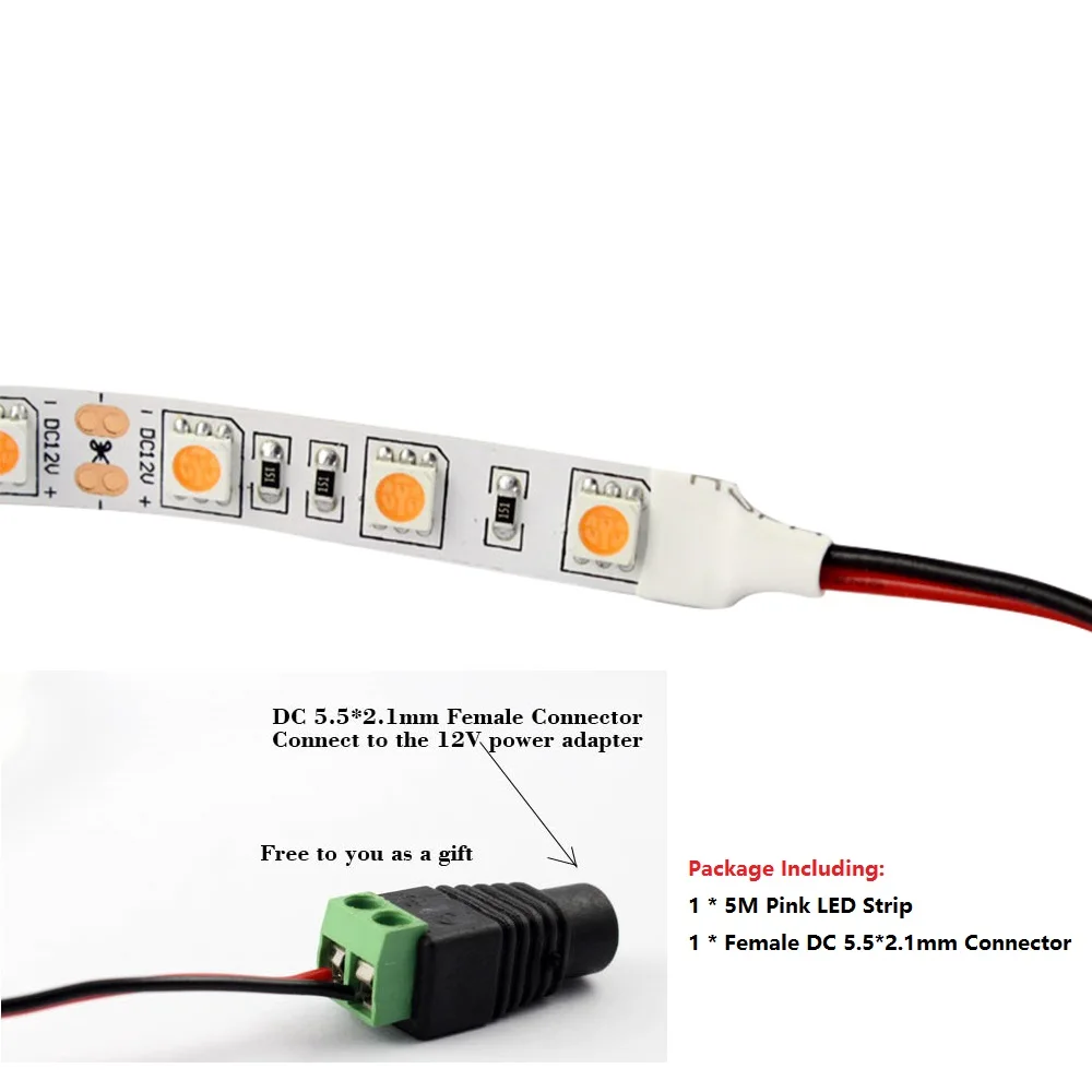 Розовая Светодиодная лента 12 В постоянного тока 5 м 300 5050 SMD полоса с разъемом