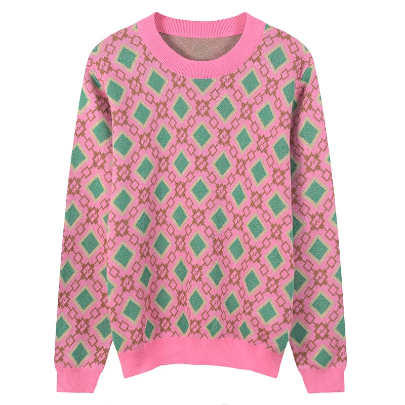 2019 весенний модный вязаный свитер в стиле ретро с розовыми ромбовидными клетками