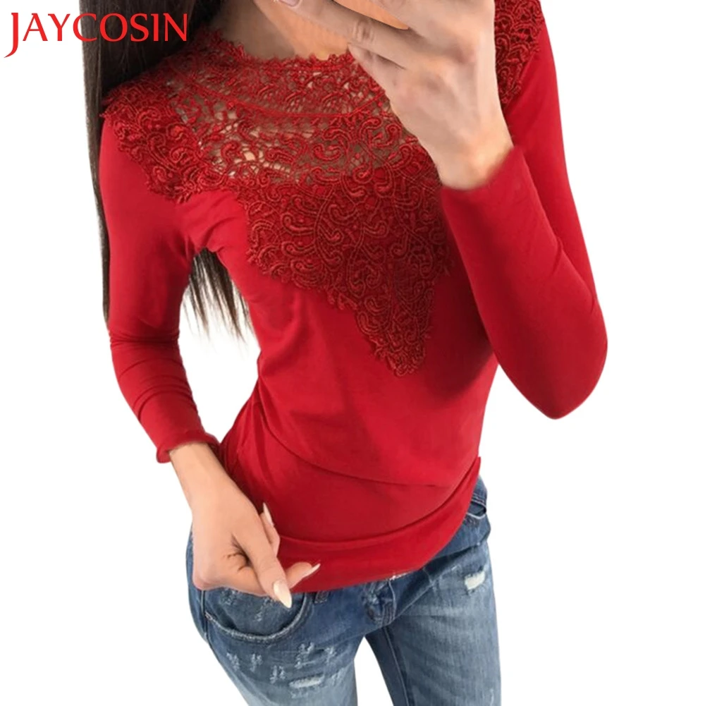JAYCOSIN Женская Сексуальная кружевная Однотонная футболка с длинным рукавом