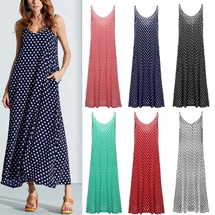 Женское свободное платье макси в горошек на бретельках с v-образным вырезом лето