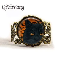 qiyufang black cute cat glass cabochon men choker ring women jewelry vintage bronze chain statement rings antique women