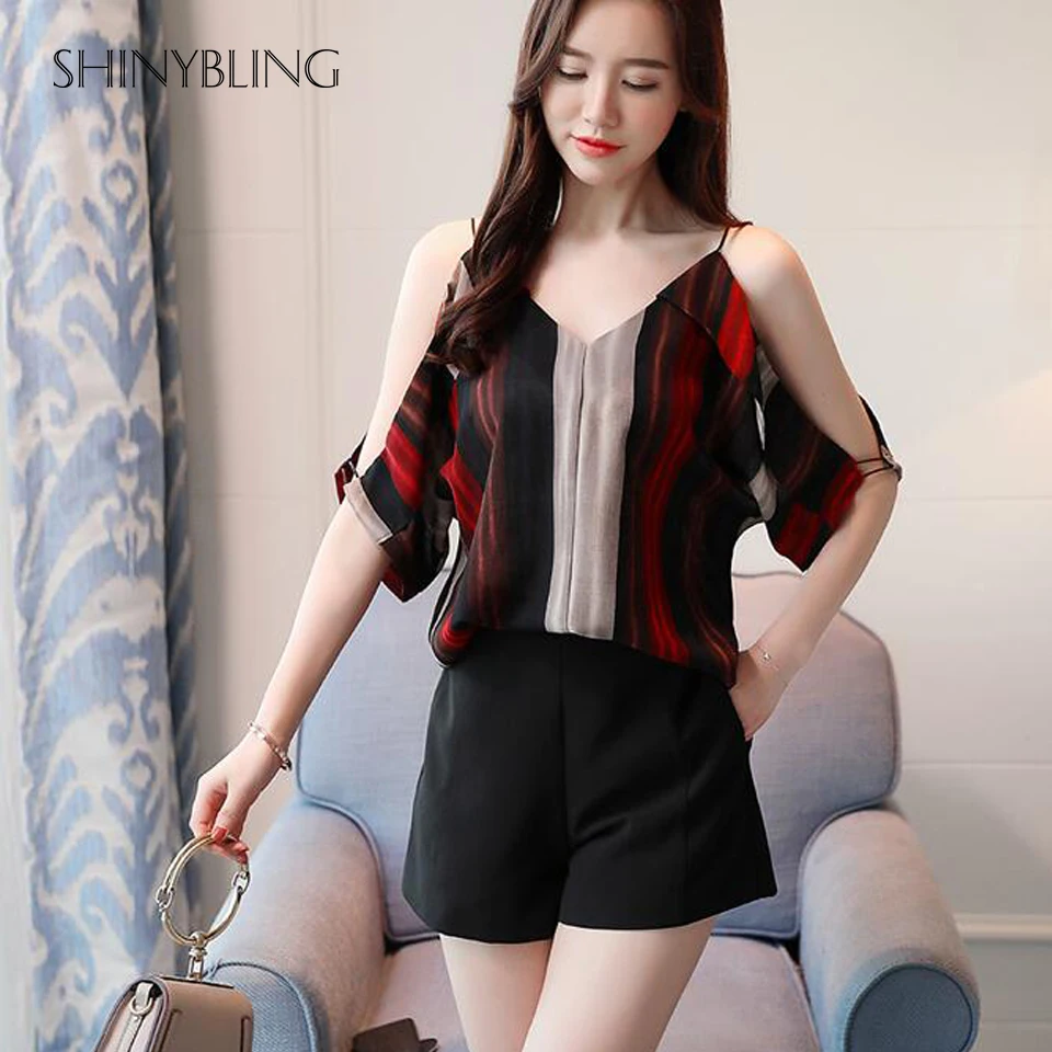Shinybling Sexy Off Shoulder Shirt Women Summer Blouses Top Fashion Stripe Offiice Lady Casual Loose Chiffion Shirts Elegant |