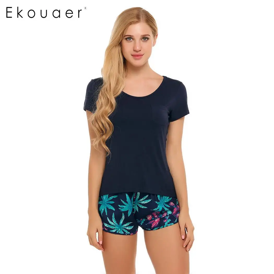 Ekouaer/женские пижамные комплекты из 100% хлопка пижамы с коротким рукавом и круглым