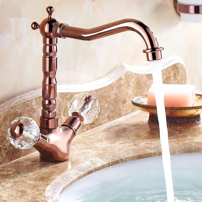 Бесплатная доставка Ретро Золотые Смесители Ванная комната кристалл Двойная