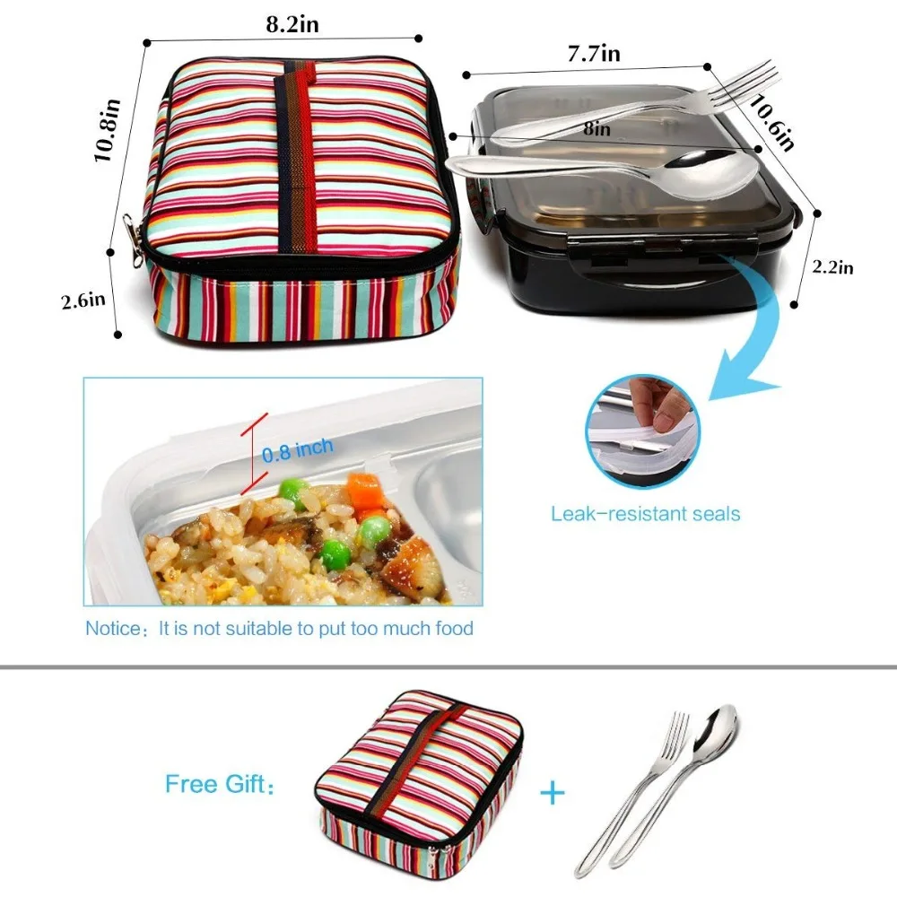 Lunch box Stainless steel Portable Insulated Leakproof Meal Prep Container Microwave Safe with Bag &amp Fork Spoon Kit Picnic Boxes | Дом и