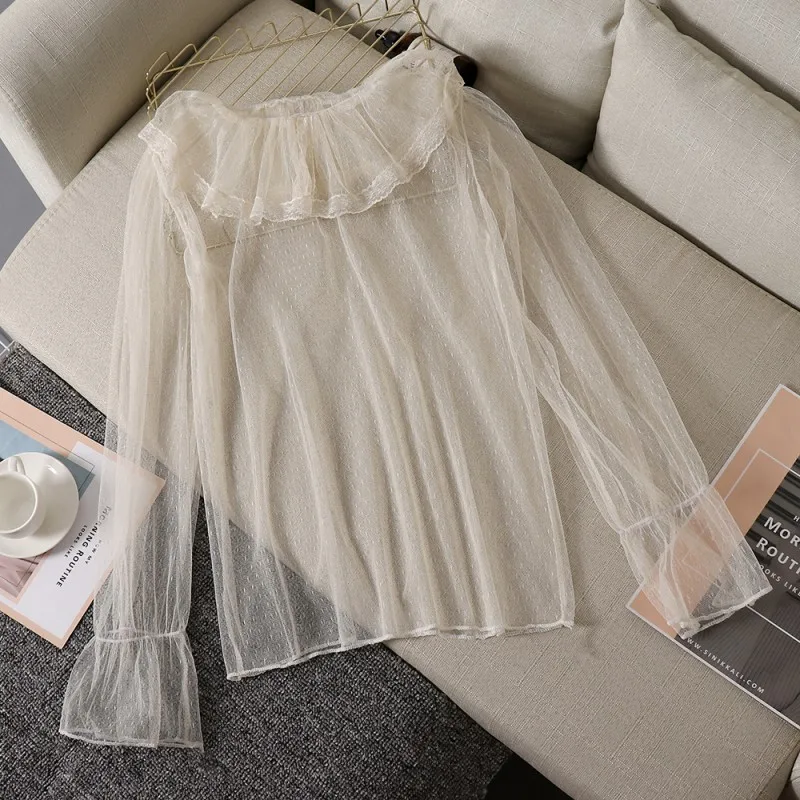 

Women Ladies Blouses And Tops Casual Ruffles Lace Polka Dot O Neck Shirt Long Sleeve Blouse blusas mujer de moda 2019