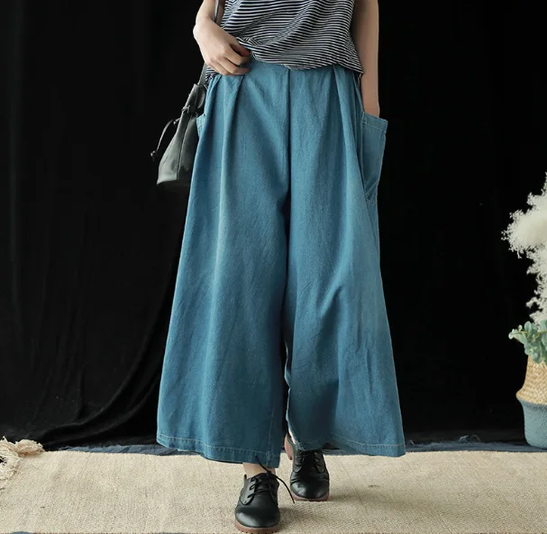 blue NINI WONDERLAND женские джинсовые широкие брюки летние хлопковые ковбойские свободные джинсы классические брюки женские весенние мягкие повседневные брюки - Цвет: blue