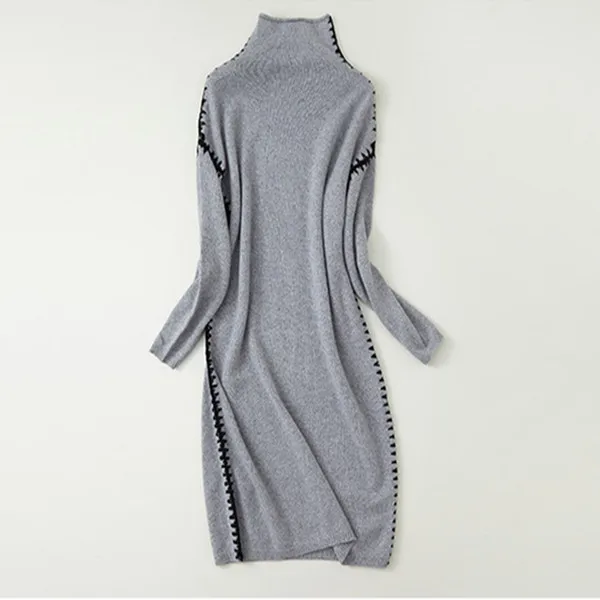 100% goat cashmere knit women new fashion elegant pullover sweater dress hand seamed sides high collar S/M/L | Женская одежда