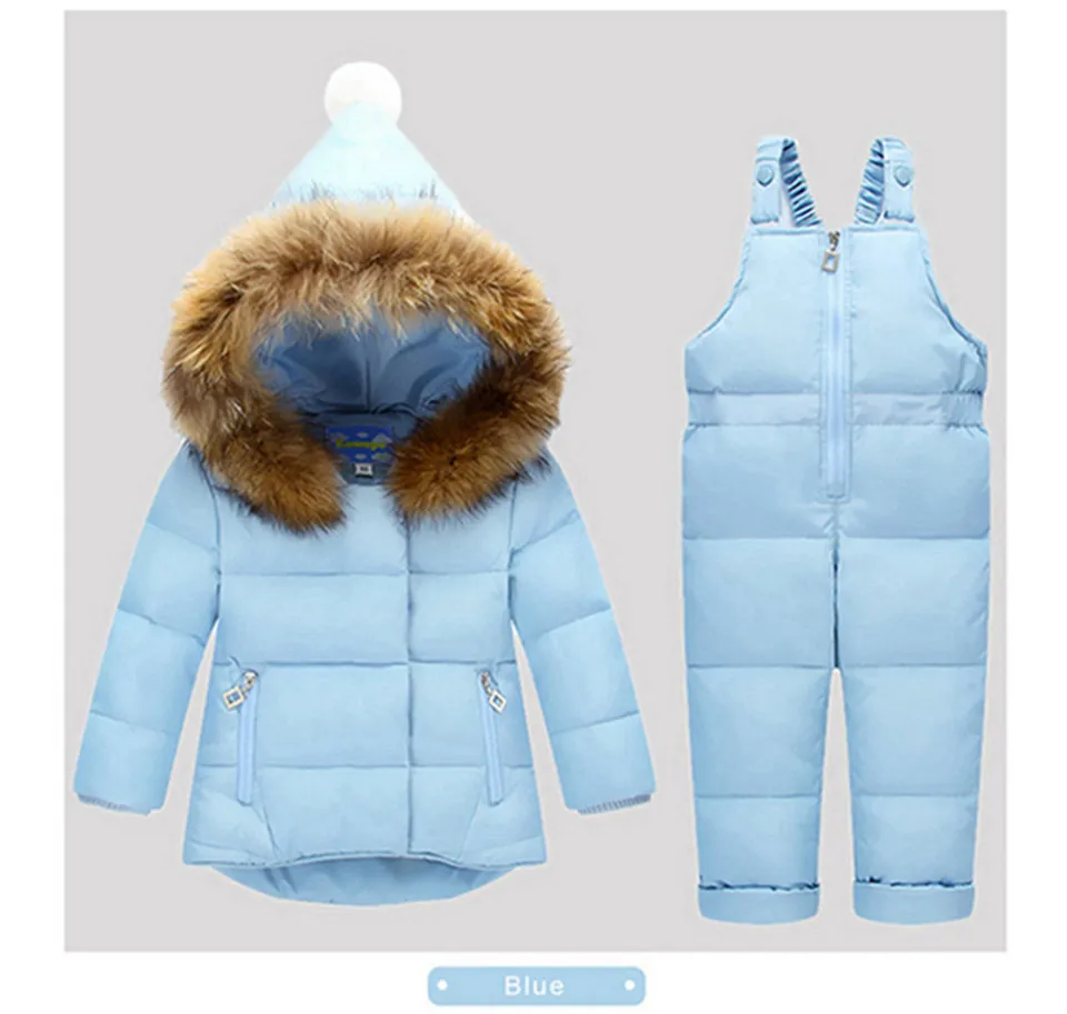 light blue Комплекты детской одежды для русской зимы зимние куртки штаны, комплект из 2 предметов, пуховое пальто для маленьких девочек, Куртка Верхняя одежда с меховым капюшоном, детский зимний комбинезон - Цвет: light blue