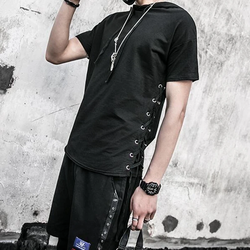 Streewear Для мужчин уникальная Двусторонняя шнурок летние футболка с капюшоном