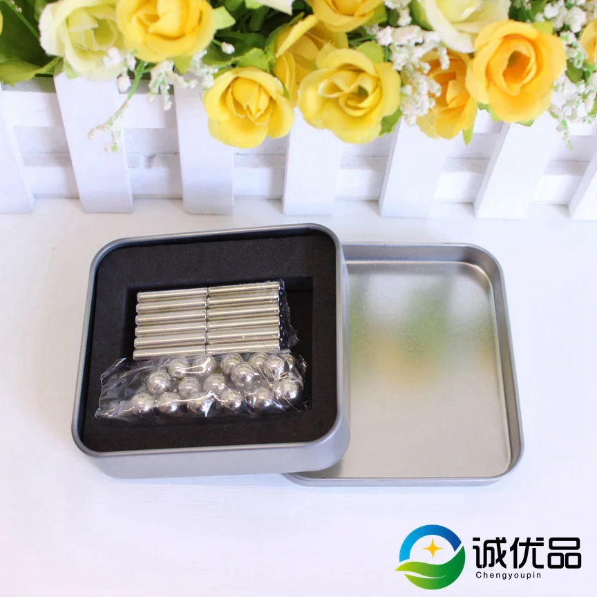 Silver 27 шт. стальные шарики и 36 шт. неодимовые магнитные палочки стержни головоломки строительные игрушки с металлической коробкой - Цвет: Silver
