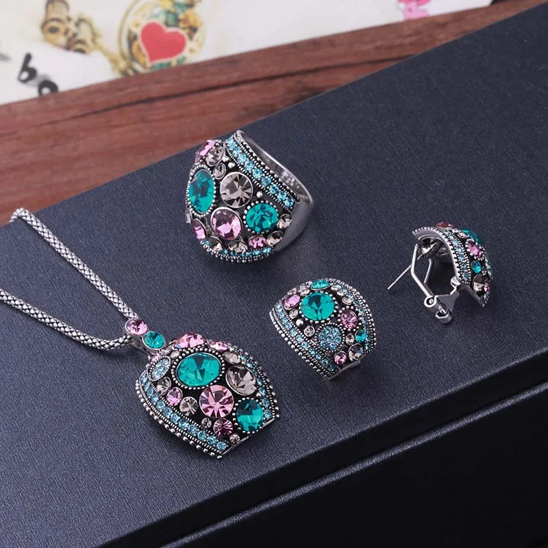 Feelgood Silver Color Vintage Jewellery Set White And Black Crystal Jewelry Sets With Necklace Stud Earrings Ring For Women Gift | Украшения