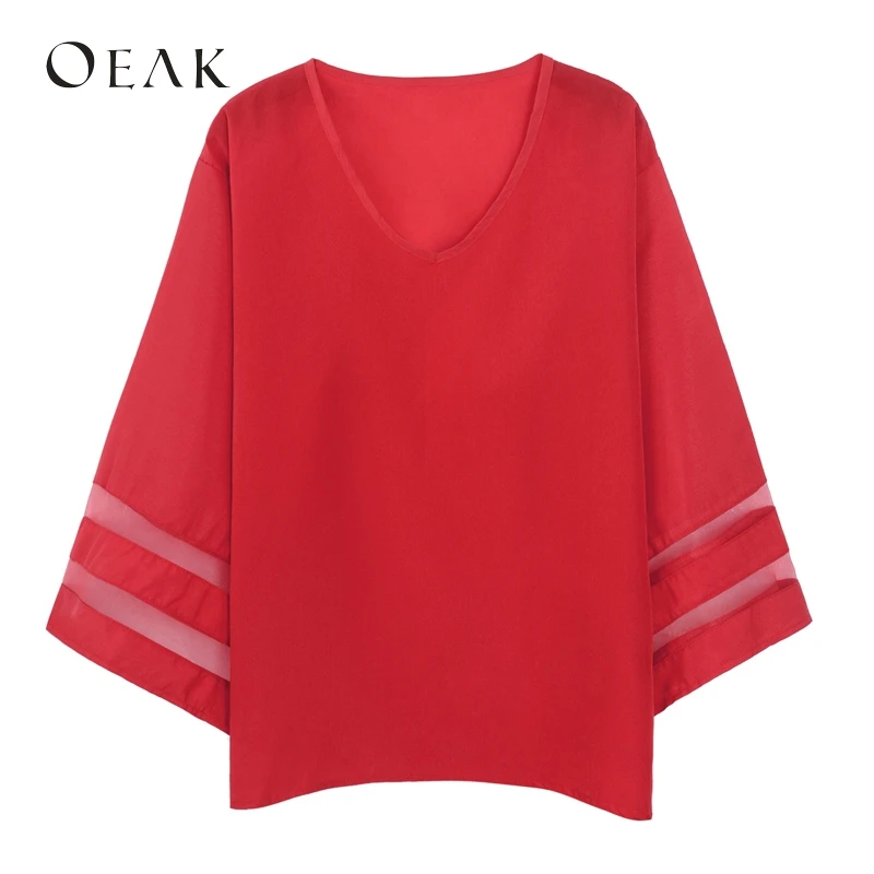 OEAK 3XL V-Neck Flare Sleeve Patchwork Shirts Summer Casual Loose Plus Size Women Chiffon Blouses Female Top vetement femme 2019 |