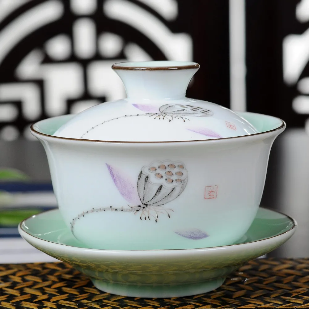 Китайский чайный сервиз Gaiwan фарфоровая Глазурь из селадона голубой и белый