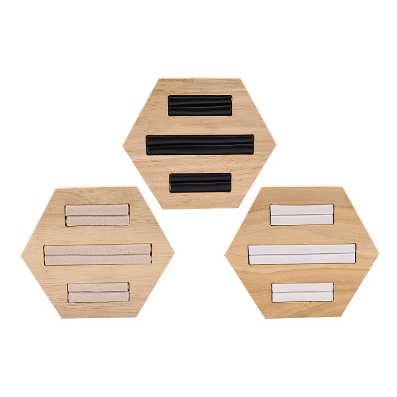 

Solid Wood Ring Display Tray Hexagon PU Leather Ring Display Holder Jewelry Display Stand