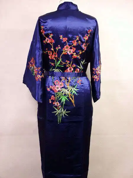 

Hot Sale Navy Blue Chinese Women's Silk Satin Robe Embroidery Kimono bath Gown Flower S M L XL XXL XXXL Mujeres Pijama MR-022