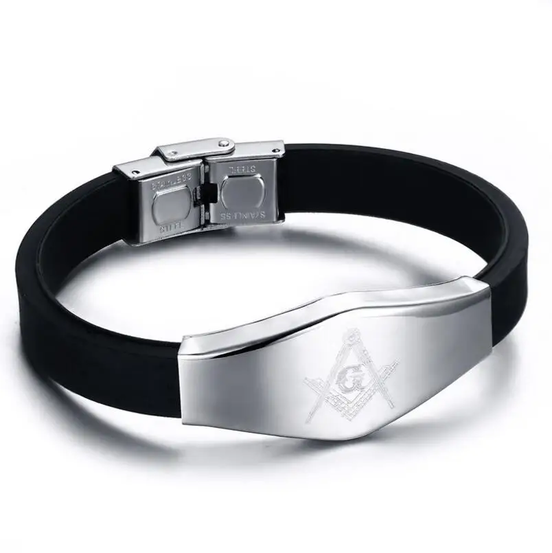 Черный силиконовый браслет из нержавеющей стали 316L с масонским символом модный