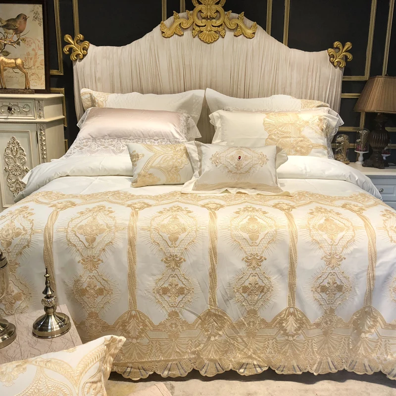 

luxury White 120S Egyptian cotton Embroidery Bedding set Queen King Noble Lace Duvet cover Bed sheet set Pillowcase 4/6pc Europe