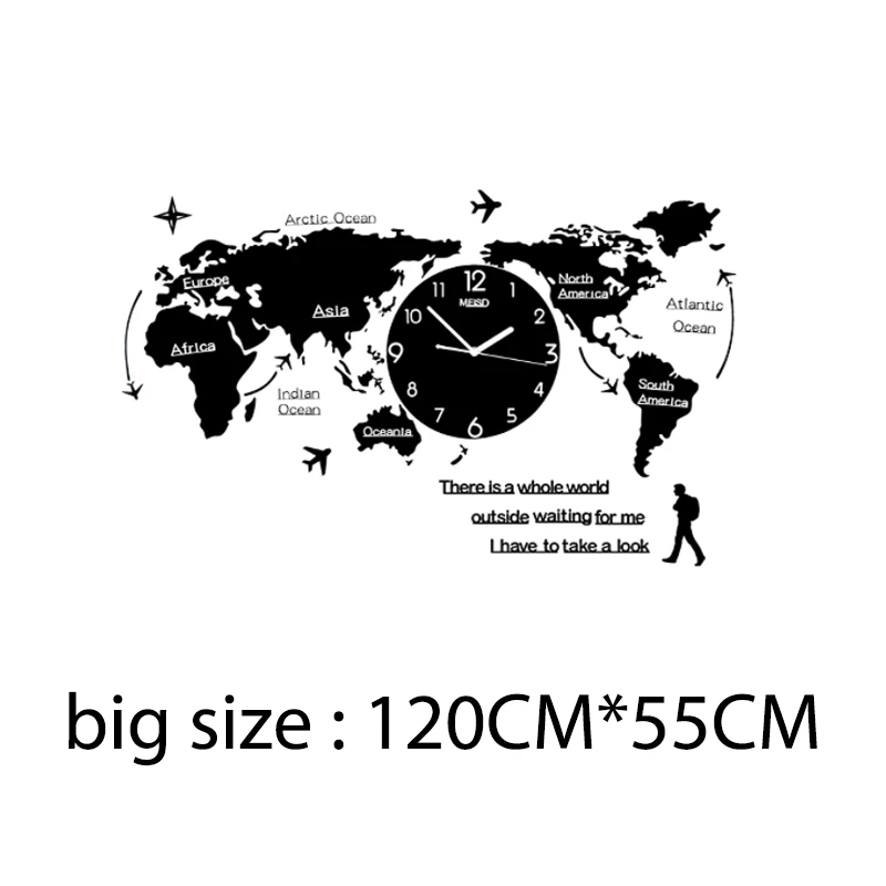 Black(120CMx55CM) Large 3D World Map Wall Clocks Modern Design Glow In Dark Hanging Silent Wall Clocks Mute Acrylic Unique Wall Clocks - Цвет: Black(120CMx55CM)