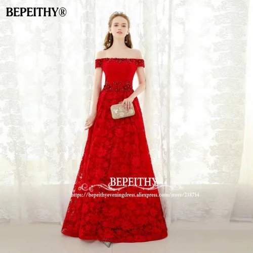 BEPEITHY сексуальные с открытыми плечами кружевные длинные платья для выпускного вечера Robe De Soiree полная длина цветок Новое Вечернее Платье - Цвет: Красный