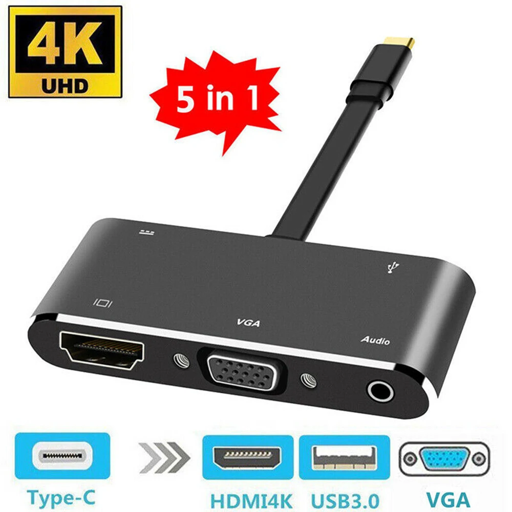 Адаптер 5 в 1 USB C HDMI 4K Type HDMI/VGA/аудио/USB 3 0 порт + (PD) конвертер для ноутбука Macbook|Кабели