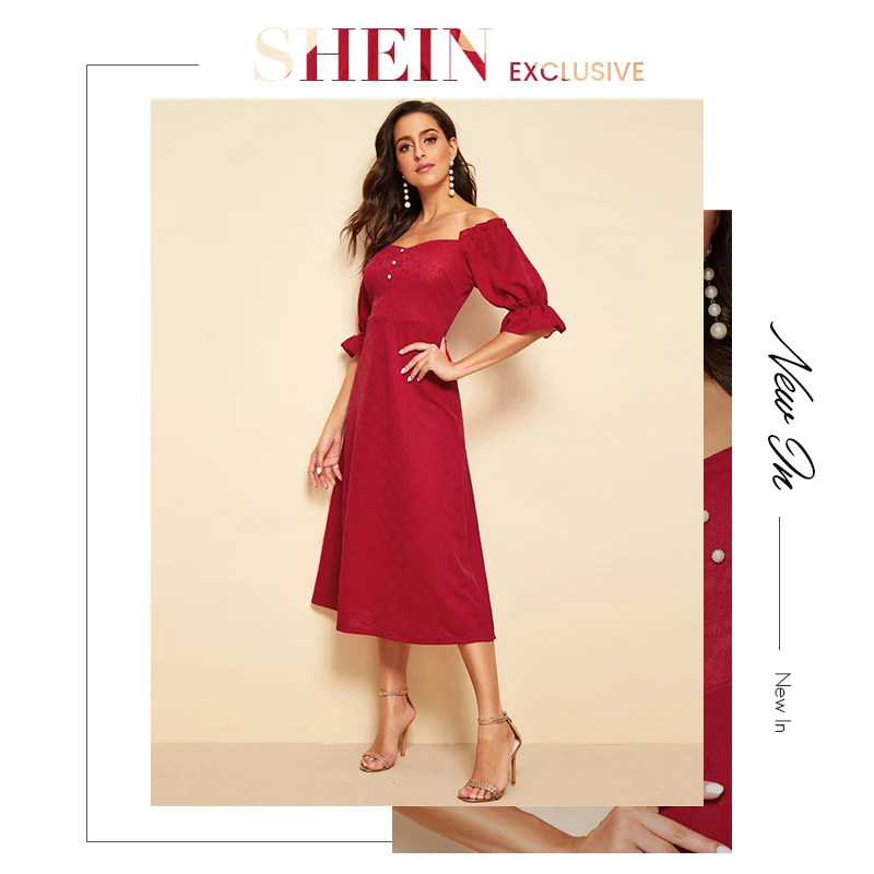 SHEIN Расклешенное Платье На Пуговицах С Оригинальным Рукавом И Оборкой Вечерние Длинные Платья Для Женщин