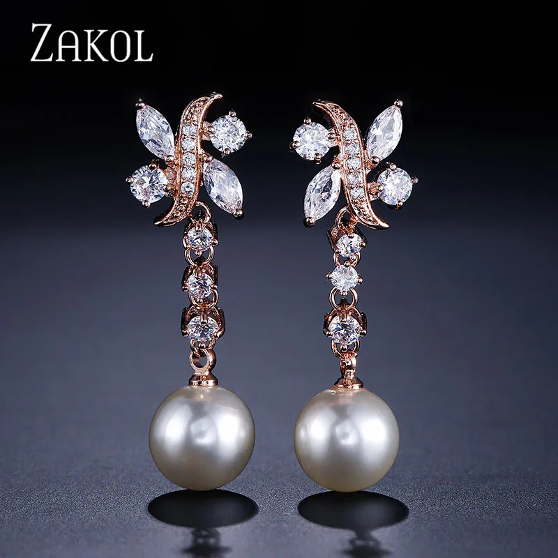 Женские серьги капельки ZAKOL с искусственным жемчугом и кубическим цирконием