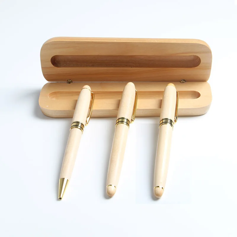 Wood Ballpoint Pen Roller Ball Pen Fountain Pen With Wood Pencil Case Pencil Box Blue ink Black Refill Custome Logo for GiftP758