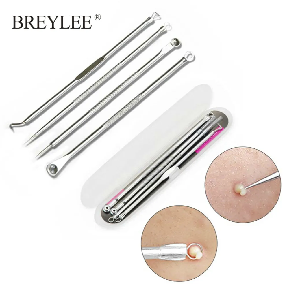 4pcs Silver BREYLEE, 4 шт. игла для удаления прыщей, инструменты для удаления черных точек, удаления пятен, экстрактор прыщей, очищающее средство для пор, уход за кожей лица из нержавеющей стали - Цвет: 4pcs Silver