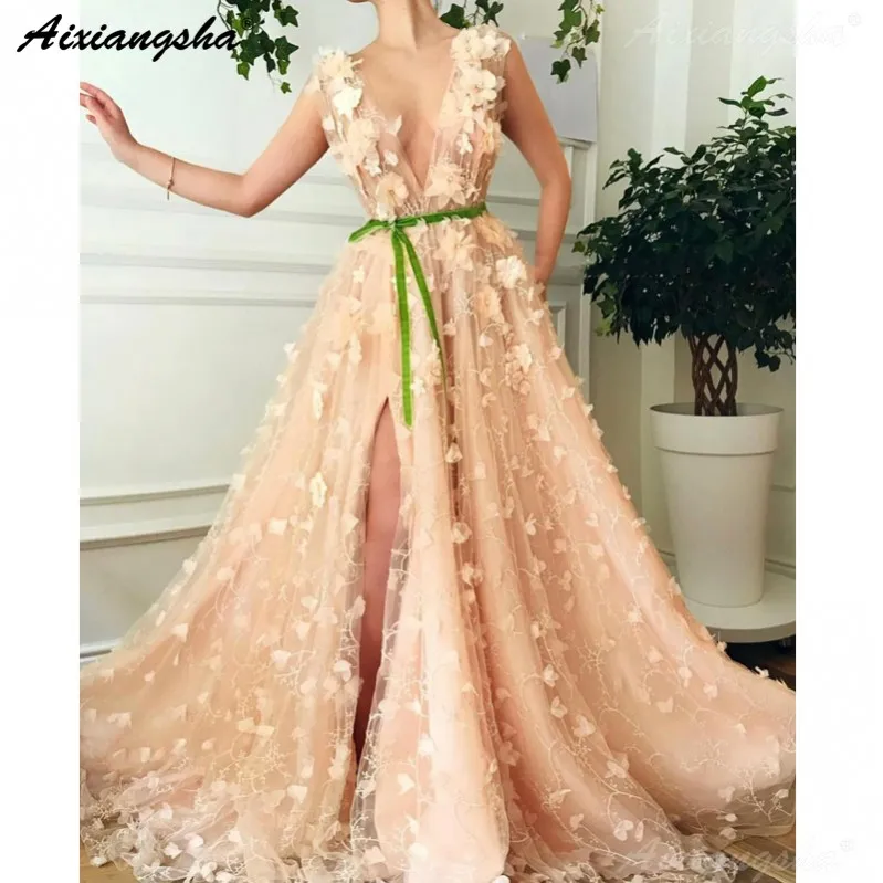 color as picture Розовое официальное платье, вечерние платья, цветы, кружева, сексуальное платье для выпускного вечера, высокий разрез, v-образный вырез, исламский Дубай, саудовская Арабская, Длинные вечерние платья - Цвет: color as picture