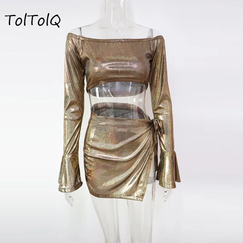 Топики и юбка TolTolQ 2018 Осенние для ночного клуба сексуальные с длинным рукавом