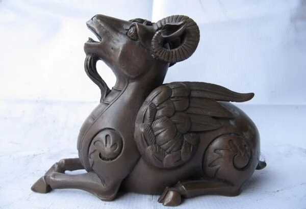 

fast shipping USPS to USA S0738 Chinese Pure Copper Bronze Carved Lucky Fengshui Twelve Zodiac Fly sheep Statue