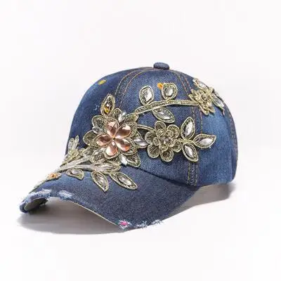 Denim Blue4 BINGYUANHAOXUAN, женская бейсболка винтажная с роскошными стразами в ковбойском стиле, кепка с цветочным принтом, женская шапка со стеклянными алмазами высокого качества - Цвет: Denim Blue4