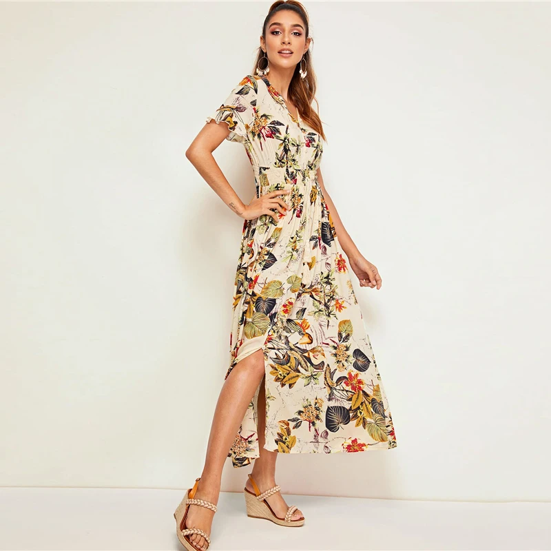 SHEIN платье с тропическим принтом и пуговицами на талии,, Boho, женское, абрикосовое, с рюшами, с завязками спереди, с v-образным вырезом, летнее платье