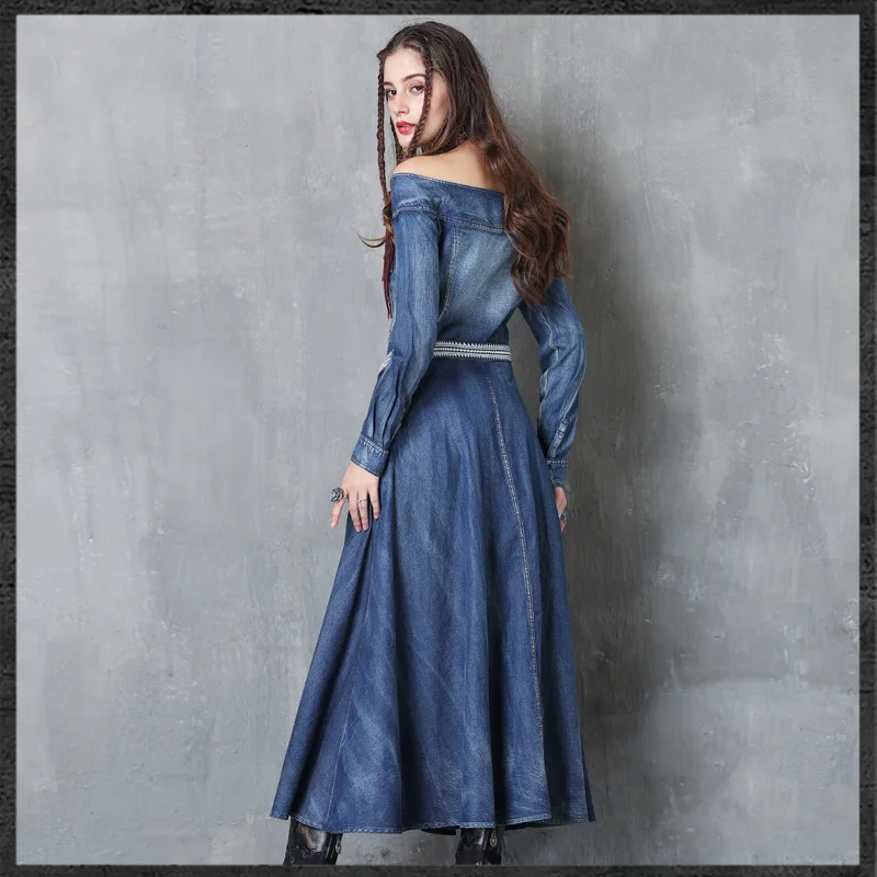 Autumn New slash neck denim dress vintage embroidered long-sleeved strapless women pffice lady long dresses Plus Size Gown | Женская