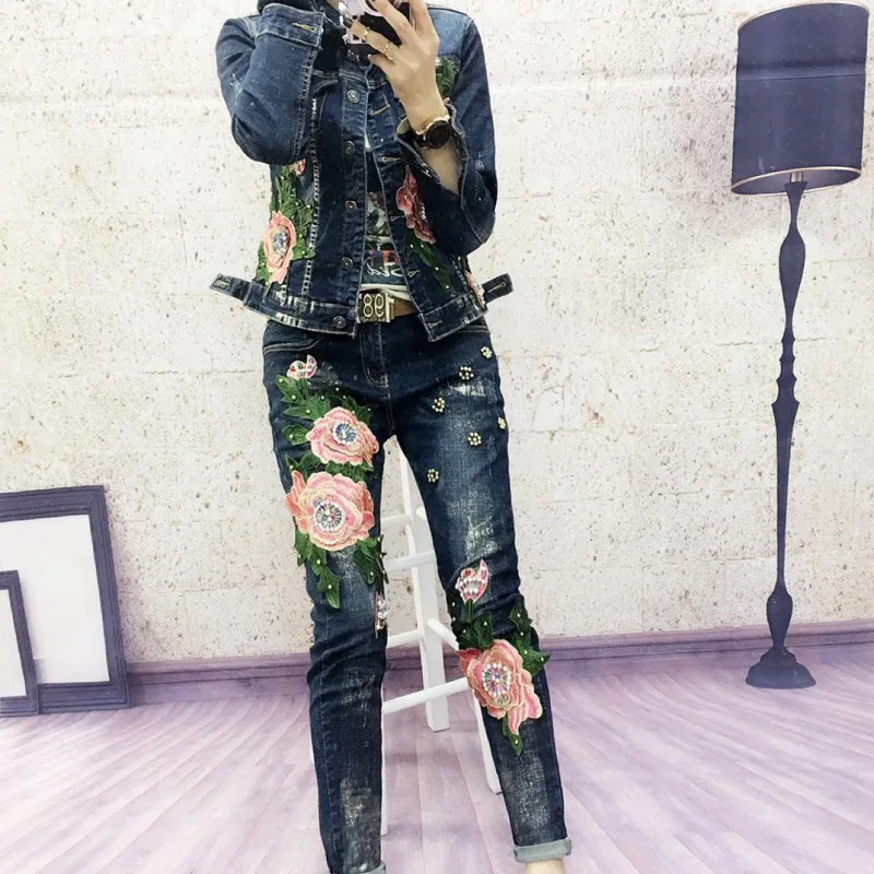 Для женщин Бисер спортивный костюм куртка с рисунком джинсовые для дам 3D Вышивка