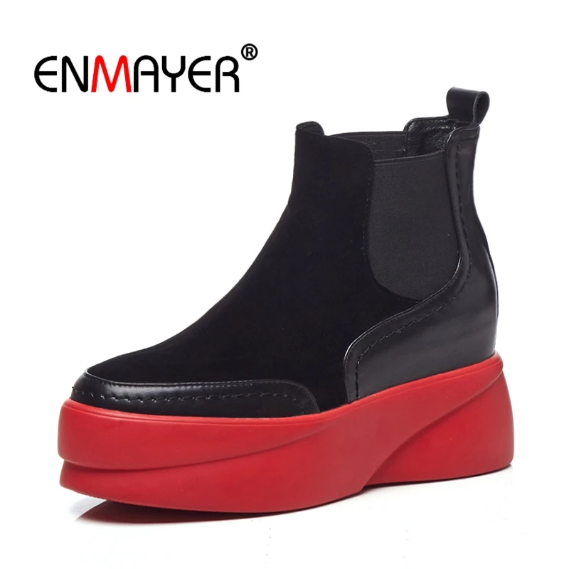 ENMAYER Women Ankle boots Round toe Short Boots Autumn Winter High heels Cow Suede Shoes women Wedges Elastic band Patch CR1425|Женские
